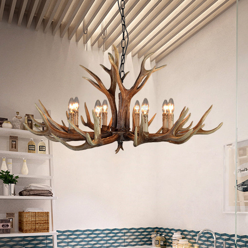 Wood Candle Pendant Chandelier Rural Resin 6/8/12 Heads Living Room Hanging Ceiling Light