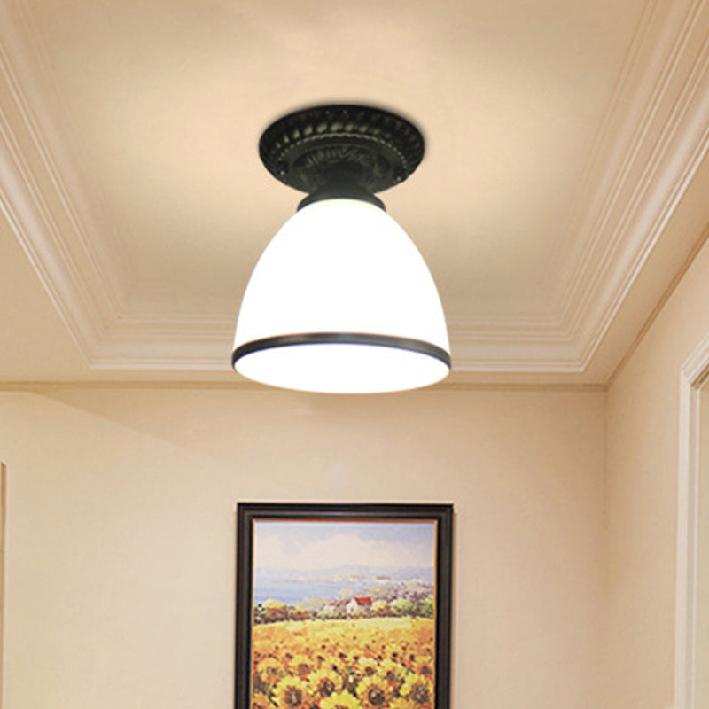 1 Light White Glass Flush Light Fixture Traditional Black Cone Corridor Ceiling Lighting