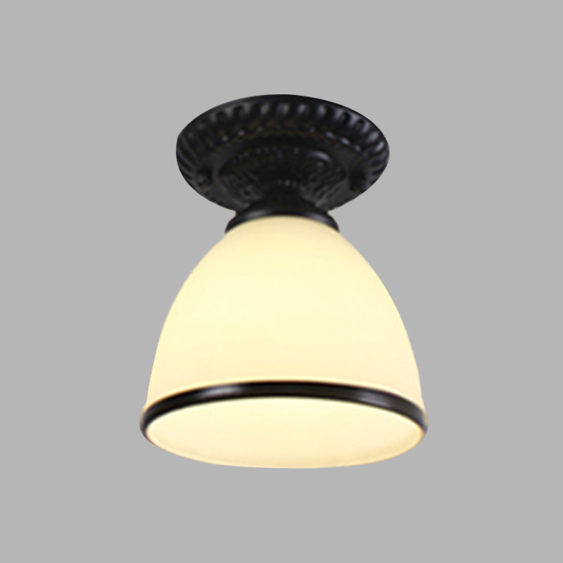 1 Light White Glass Flush Light Fixture Traditional Black Cone Corridor Ceiling Lighting