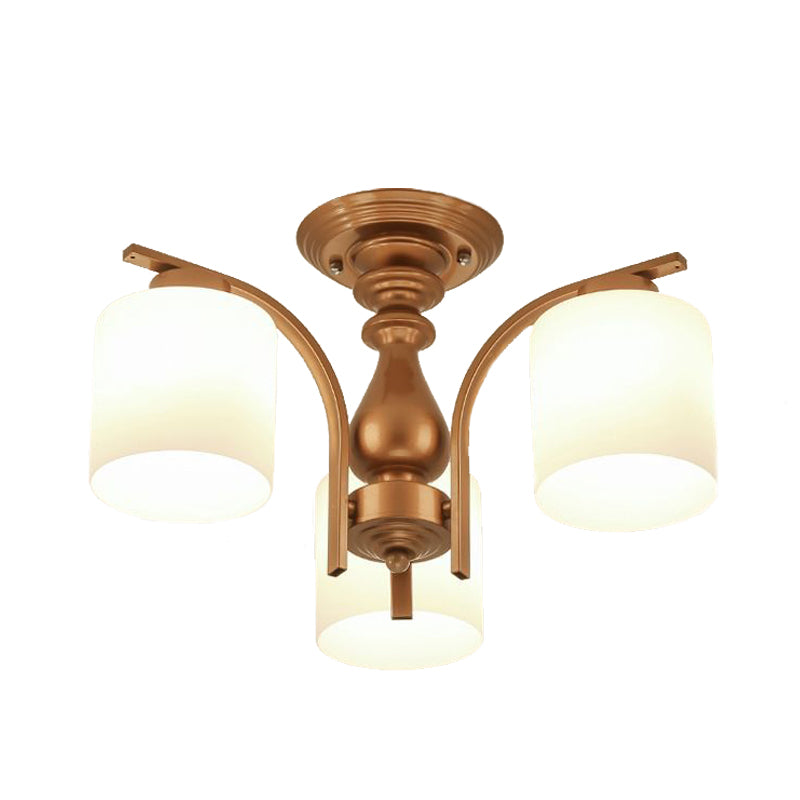 3/5/6 Lichten Woonkamer Plafond Lamp Licht Paksel Traditionele gouden semi -spoeling met cilinder Frosted Glass Shade