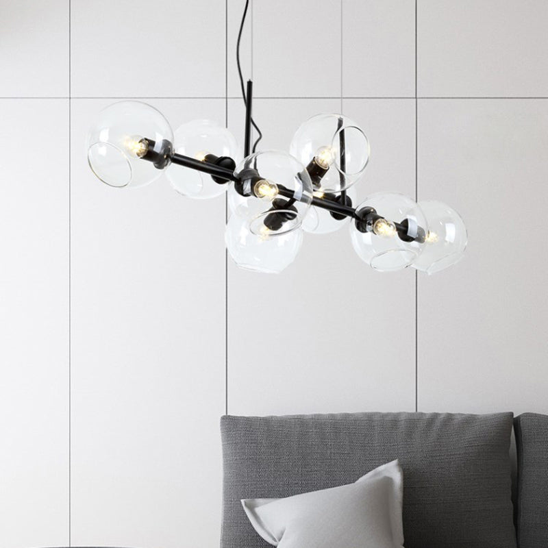 8 Bulbs Ball Island Lamp Contemporary Clear/Smoke Glass Suspended Lighting Fixture in Black/Gold for Dining Room