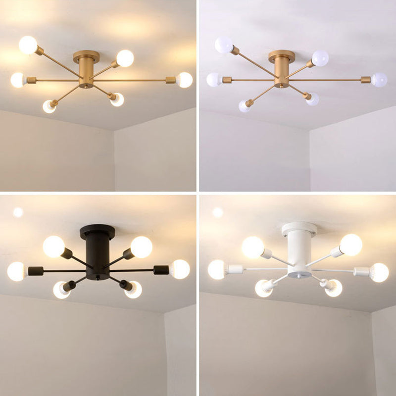 Industrial Vintage Sputnik Ceiling Light Wrought Iron Bare Bulb Semi Flush Mount for Living Room