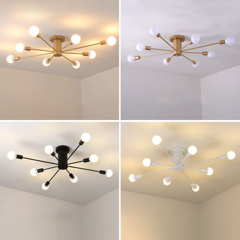 Industrial Vintage Sputnik Ceiling Light Wrought Iron Bare Bulb Semi Flush Mount for Living Room