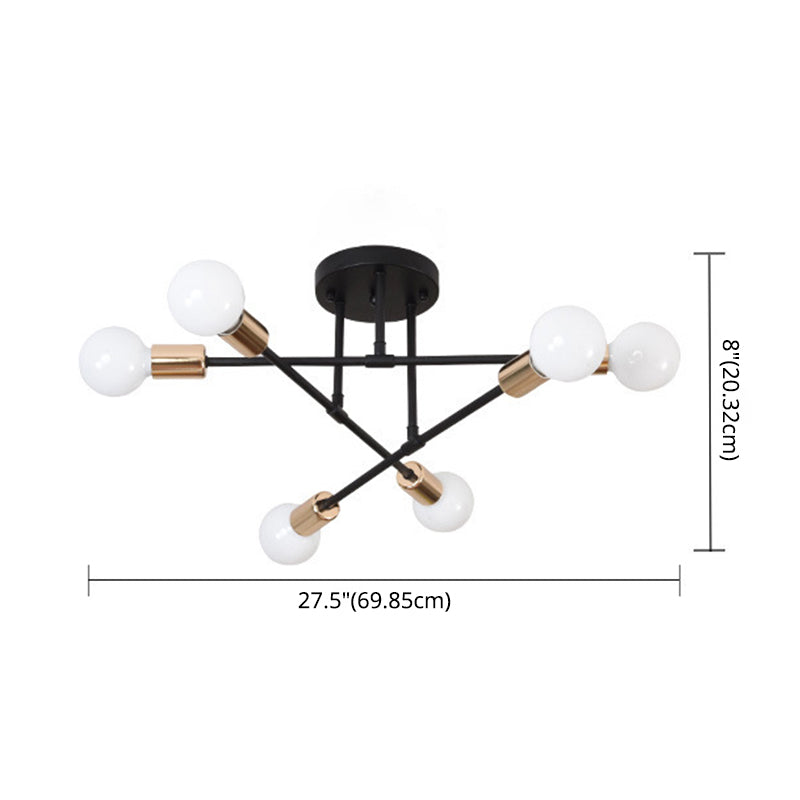 Exposed Bulb Radial Semi Flush Mount in Industrial Retro Style Wrought Iron Ceiling Light