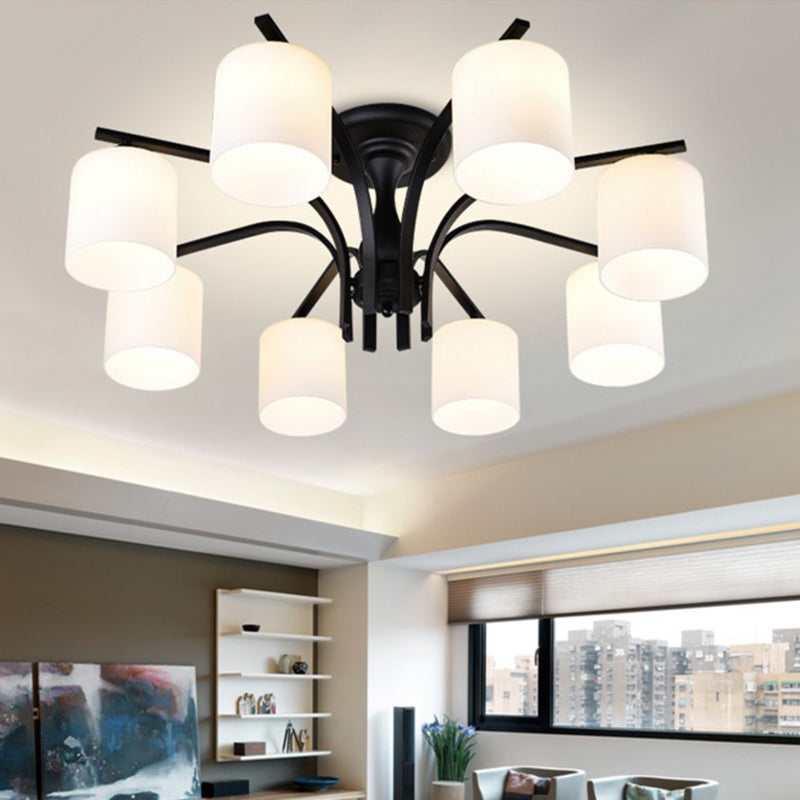 Black Radial Semi Flush Mount in Traditional Retro Style Wrought Iron Ceiling Light with Glass Shade