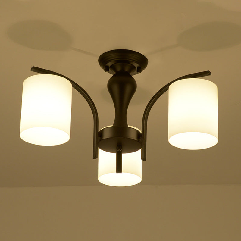 Black Radial Semi Flush Mount in Traditional Retro Style Wrought Iron Ceiling Light with Glass Shade