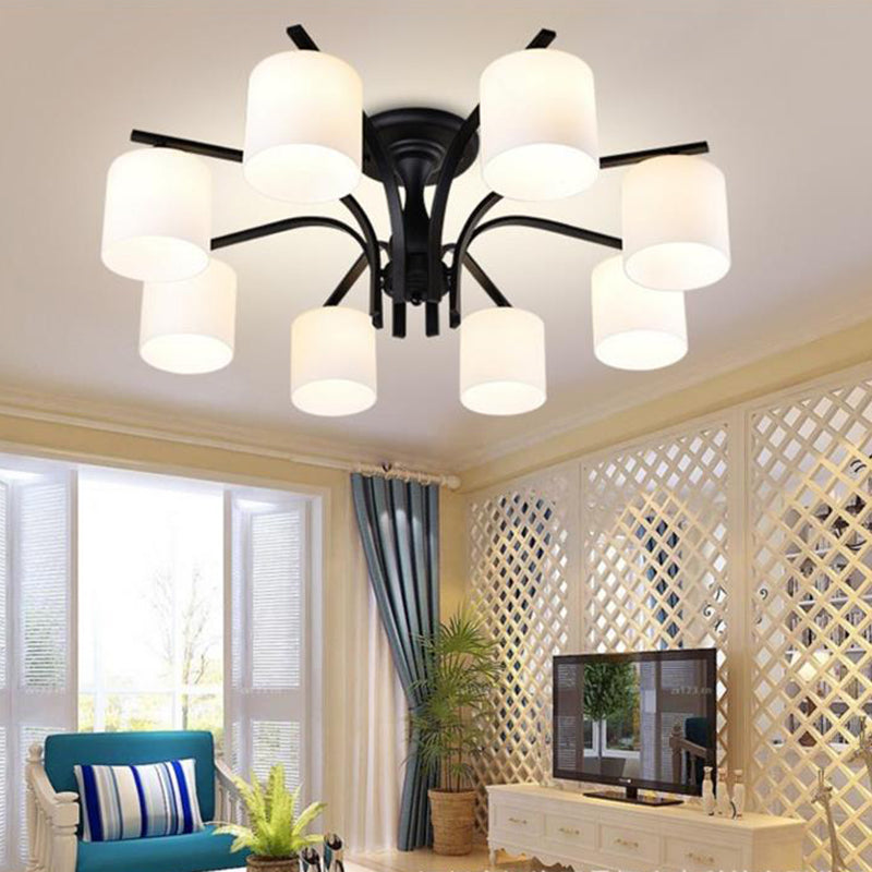 Black Radial Semi Flush Mount in Traditional Retro Style Wrought Iron Ceiling Light with Glass Shade