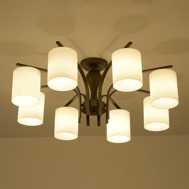 Black Radial Semi Flush Mount in Traditional Retro Style Wrought Iron Ceiling Light with Glass Shade