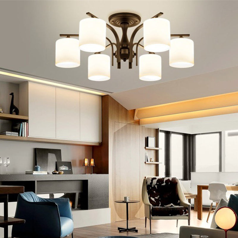 Black Radial Semi Flush Mount in Traditional Retro Style Wrought Iron Ceiling Light with Glass Shade