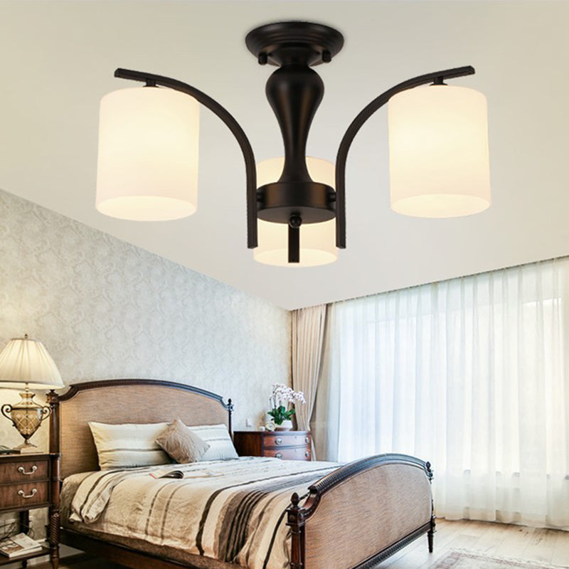 Black Radial Semi Flush Mount in Traditional Retro Style Wrought Iron Ceiling Light with Glass Shade
