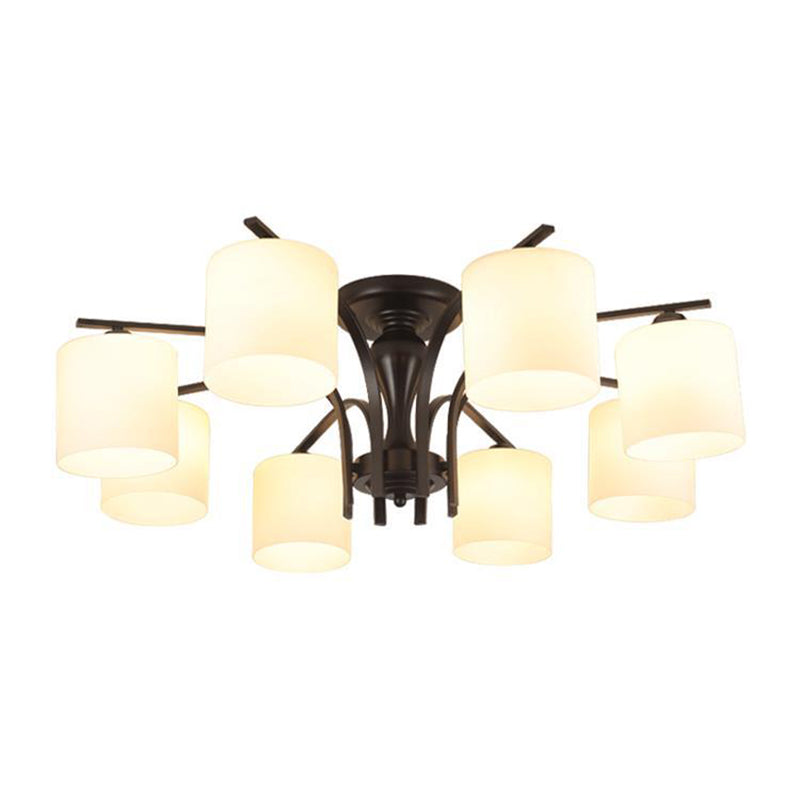 Black Radial Semi Flush Mount in Traditional Retro Style Wrought Iron Ceiling Light with Glass Shade