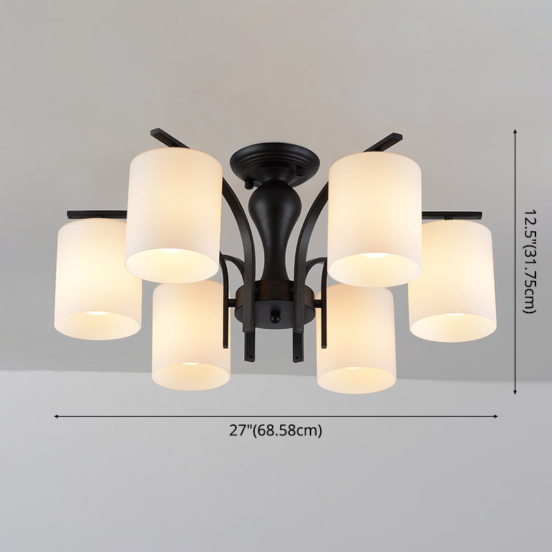 Black Radial Semi Flush Mount in Traditional Retro Style Wrought Iron Ceiling Light with Glass Shade