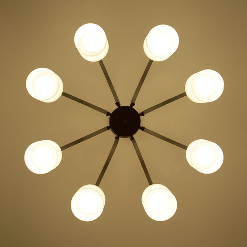 Black Radial Semi Flush Mount in Traditional Retro Style Wrought Iron Ceiling Light with Glass Shade