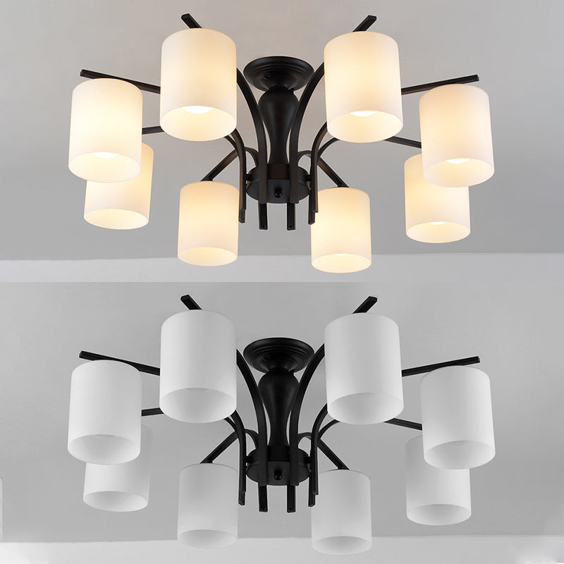 Black Radial Semi Flush Mount in Traditional Retro Style Wrought Iron Ceiling Light with Glass Shade