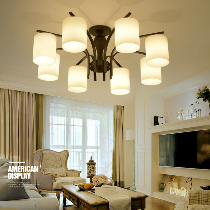 Black Radial Semi Flush Mount in Traditional Retro Style Wrought Iron Ceiling Light with Glass Shade