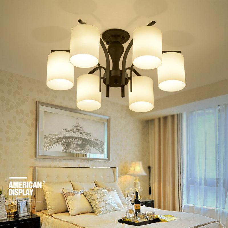 Black Radial Semi Flush Mount in Traditional Retro Style Wrought Iron Ceiling Light with Glass Shade