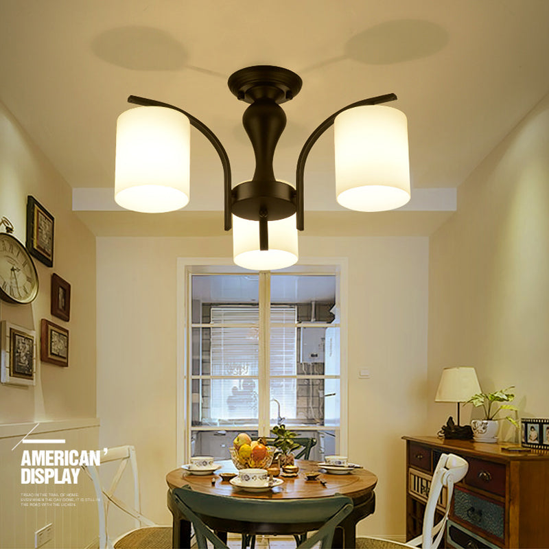Black Radial Semi Flush Mount in Traditional Retro Style Wrought Iron Ceiling Light with Glass Shade