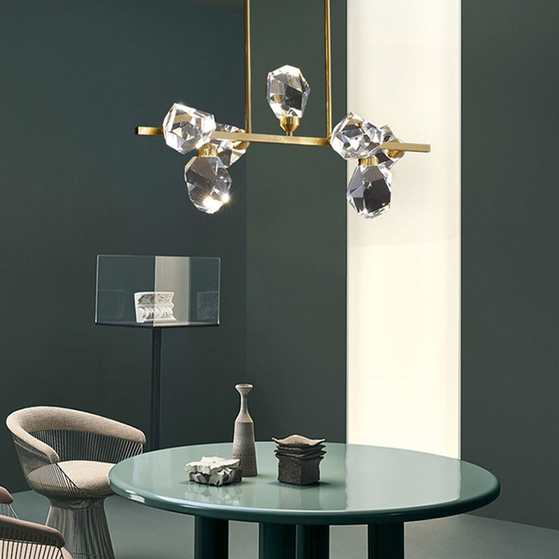 Luci dell'isola geometrica moderna a sospensione Crystal e Metal Island Lighting 7 Light in oro