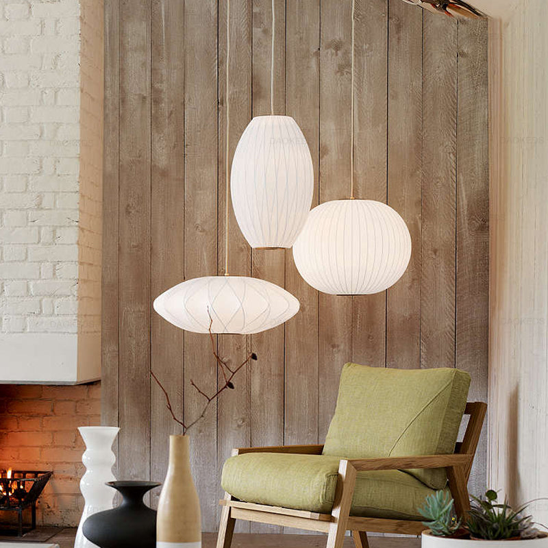 Shaded Living Room Hanging Pendant Light Fabric Modern Down Lighting Pendant in White