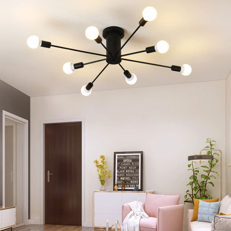 Industrial Vintage Sputnik Ceiling Light Wrought Iron Bare Bulb Semi Flush Mount for Living Room