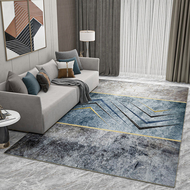 Grey Living Room Area Rug Geometric Print Polyester Area Carpet Non-Slip Backing Rug for Home Decor