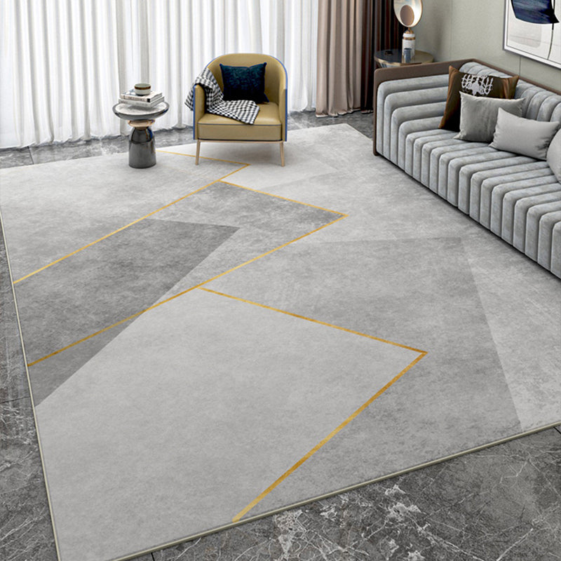 Grey Living Room Area Rug Geometric Print Polyester Area Carpet Non-Slip Backing Rug for Home Decor