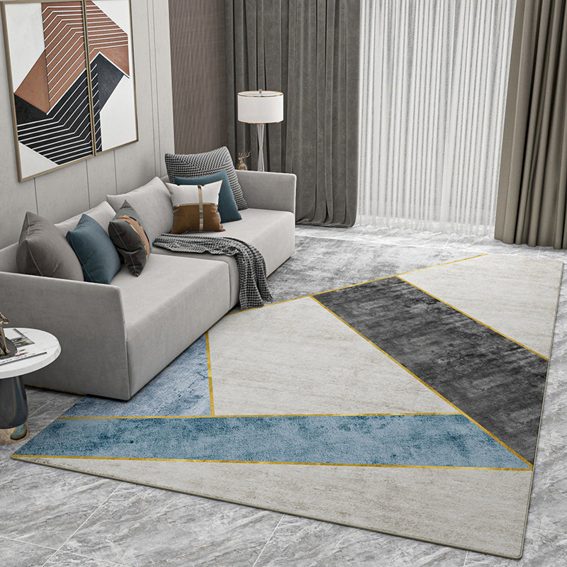 Grey Living Room Area Rug Geometric Print Polyester Area Carpet Non-Slip Backing Rug for Home Decor