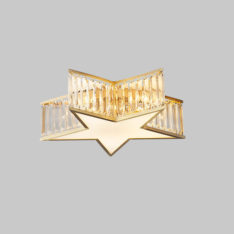 Plafonnier en forme d'étoile dorée, plafonnier à 5 lumières en cuivre de style créatif colonial avec abat-jour en cristal