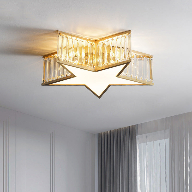 Plafonnier en forme d'étoile dorée, plafonnier à 5 lumières en cuivre de style créatif colonial avec abat-jour en cristal