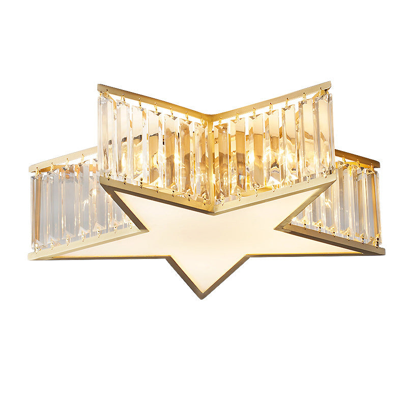 Plafonnier en forme d'étoile dorée, plafonnier à 5 lumières en cuivre de style créatif colonial avec abat-jour en cristal