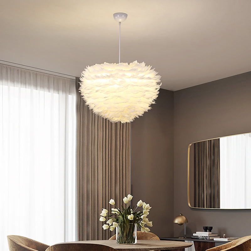 Romantic Heart Shaped Hanging Light, Feather Shade Single-Bulb Pendant Lighting in White for Bedroom