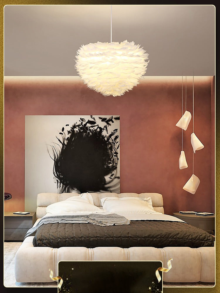 Romantic Heart Shaped Hanging Light, Feather Shade Single-Bulb Pendant Lighting in White for Bedroom
