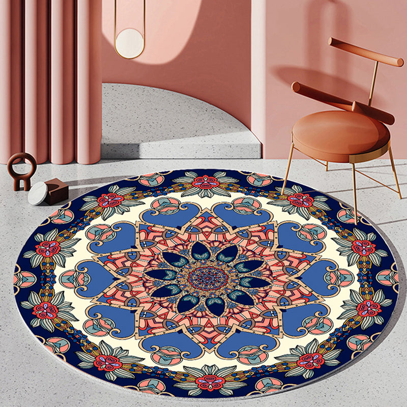 Round Floral Print Carpet Polyester Classical Rug Non-Slip Backing Area Carpet for Living Room