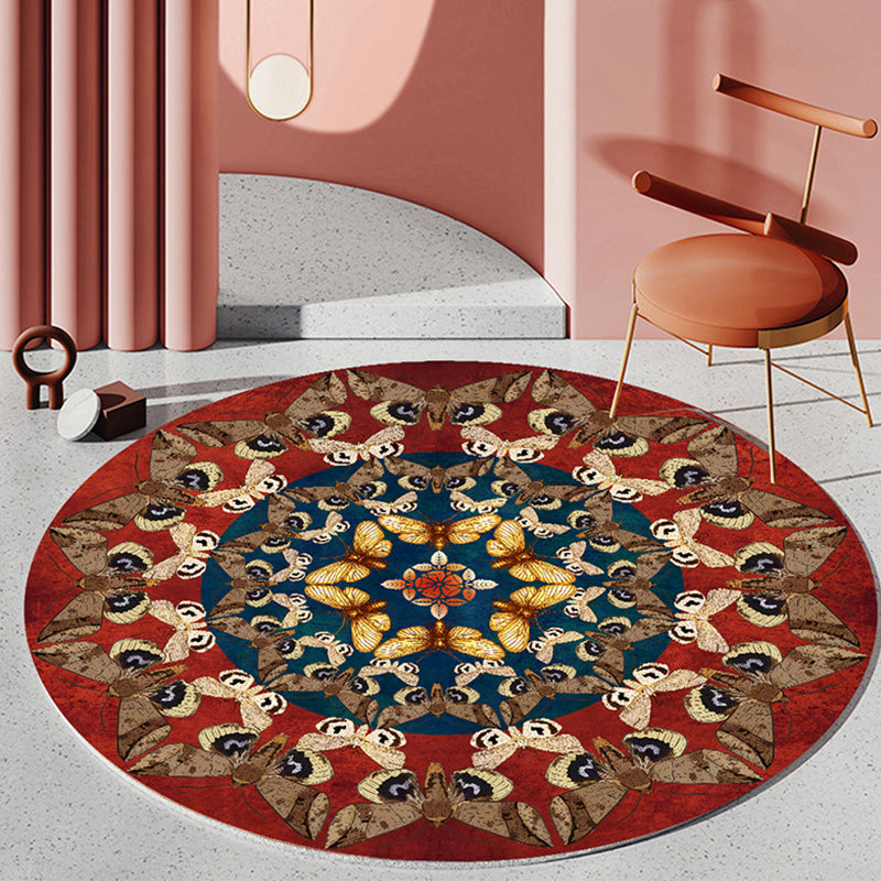 Round Floral Print Carpet Polyester Classical Rug Non-Slip Backing Area Carpet for Living Room