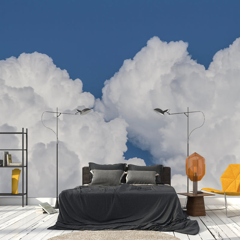 Minimalism Style Cloud Mural Wallpaper for Guest Room Decor in Blue, Made to Measure