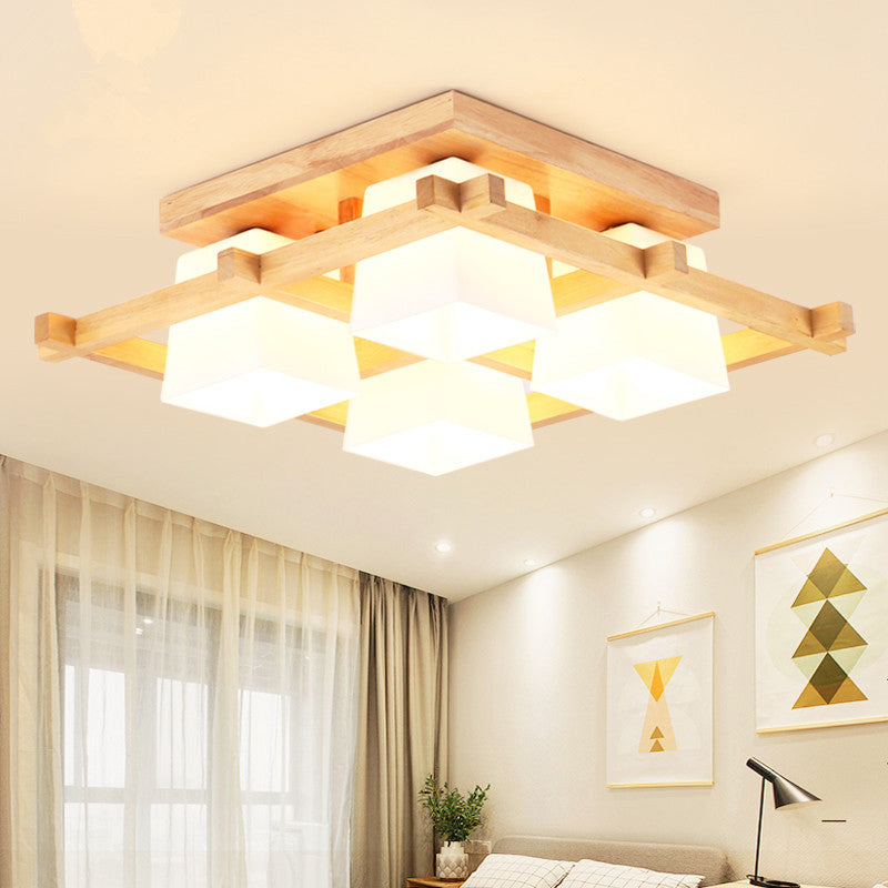 Log Color Geometric Ceiling Light in Modern Concise Style Wooden Indoor Flush Mount with Glass Shade