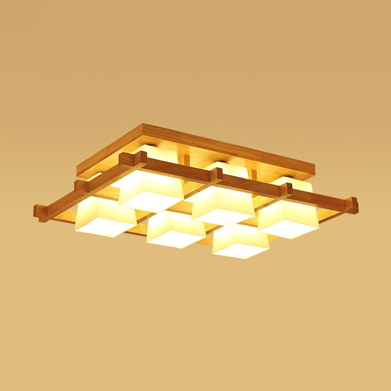 Log Color Geometric Ceiling Light in Modern Concise Style Wooden Indoor Flush Mount with Glass Shade