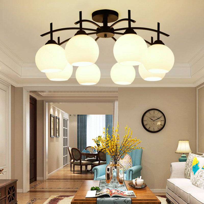 Plafonnier satellite artificiel classique traditionnel en fer forgé semi - encastré avec abat - jour en verre blanc