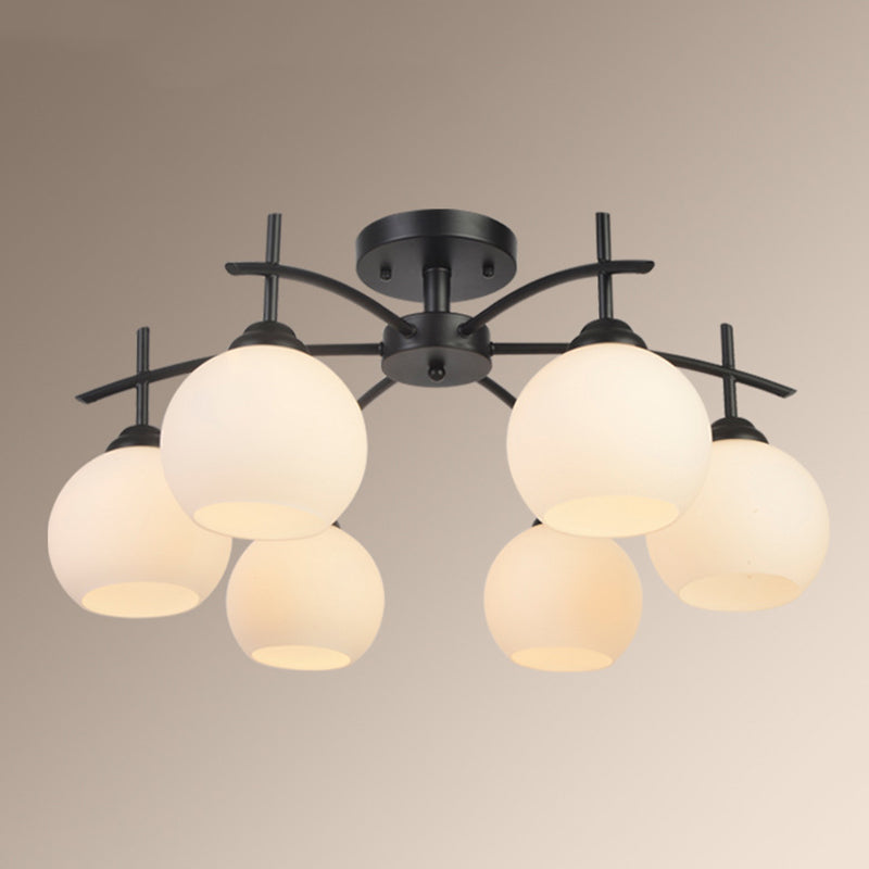 Plafonnier satellite artificiel classique traditionnel en fer forgé semi - encastré avec abat - jour en verre blanc