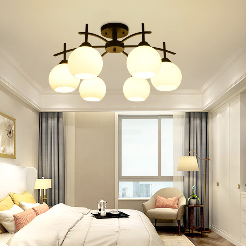 Plafonnier satellite artificiel classique traditionnel en fer forgé semi - encastré avec abat - jour en verre blanc