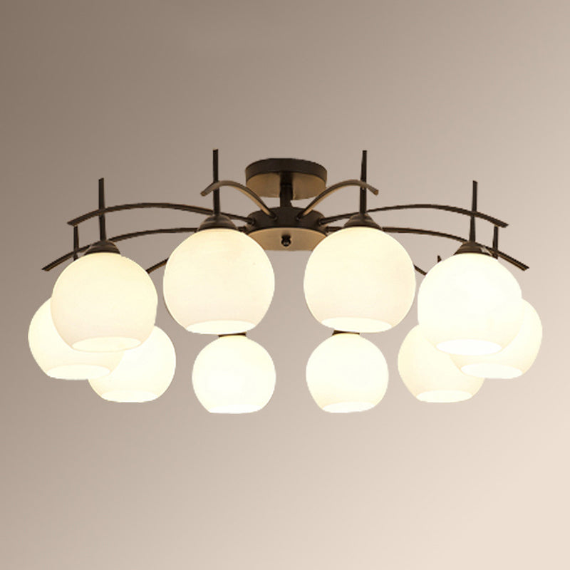 Plafonnier satellite artificiel classique traditionnel en fer forgé semi - encastré avec abat - jour en verre blanc