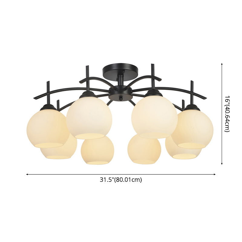 Plafonnier satellite artificiel classique traditionnel en fer forgé semi - encastré avec abat - jour en verre blanc