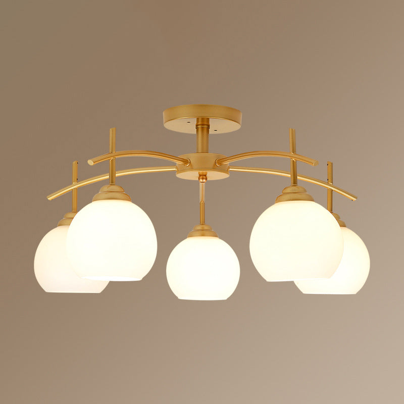 Plafonnier satellite artificiel classique traditionnel en fer forgé semi - encastré avec abat - jour en verre blanc