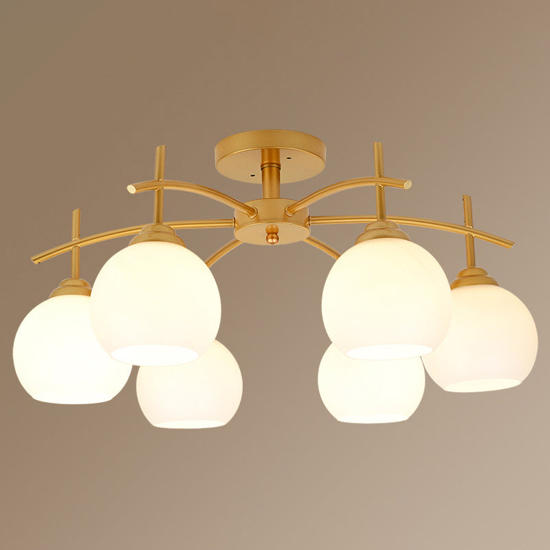 Plafonnier satellite artificiel classique traditionnel en fer forgé semi - encastré avec abat - jour en verre blanc