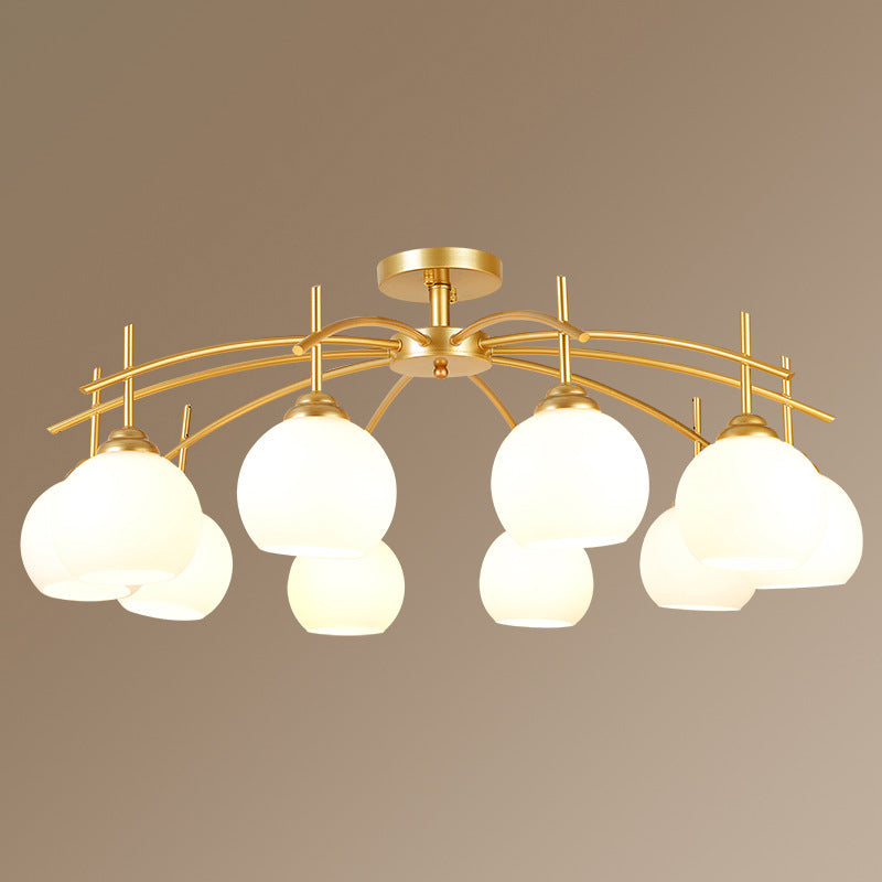 Plafonnier satellite artificiel classique traditionnel en fer forgé semi - encastré avec abat - jour en verre blanc