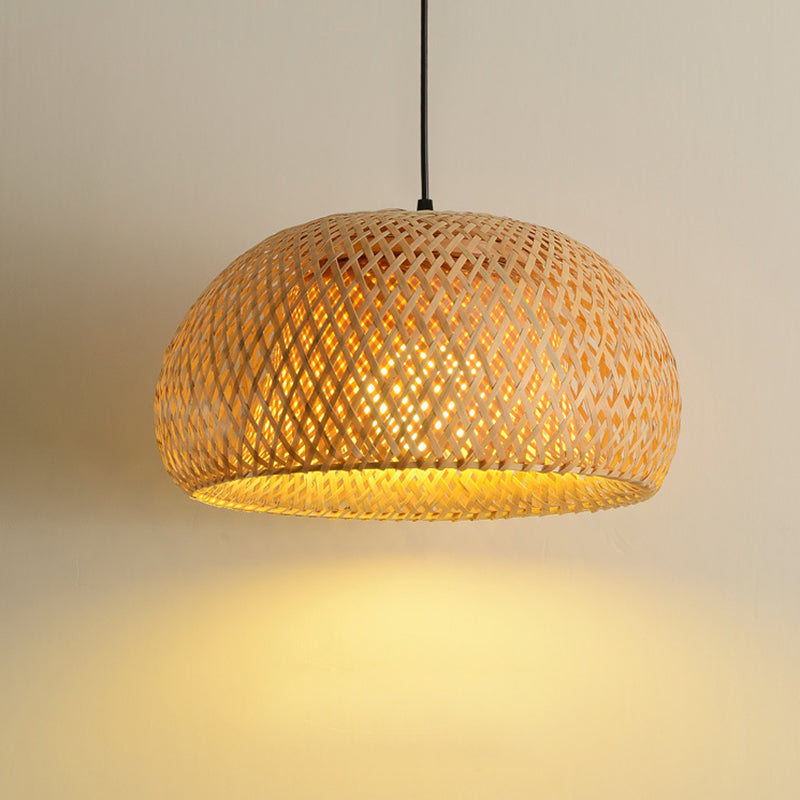 1-Light Beige Bamboo Suspended Lighting Fixture Asia Pendant Light Kit for Tea Room