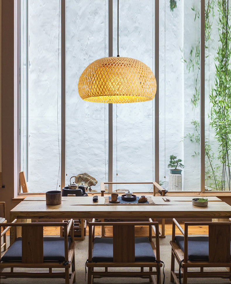1-Light Beige Bamboo Suspended Lighting Fixture Asia Pendant Light Kit for Tea Room