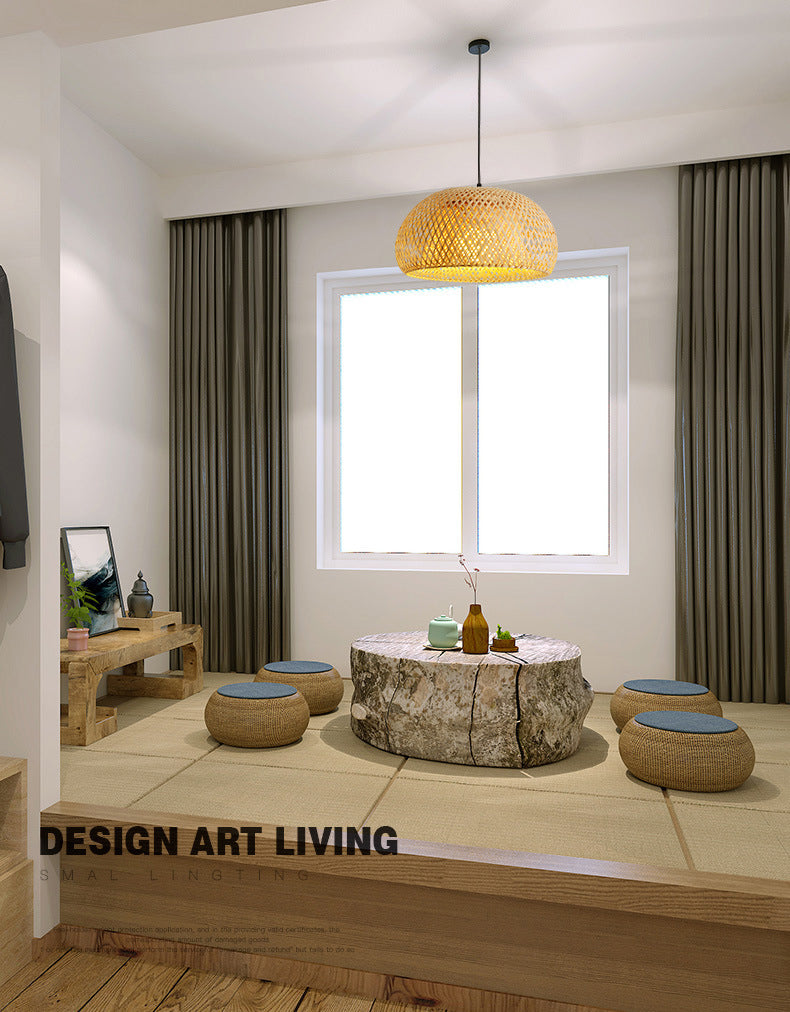 1-Light Beige Bamboo Suspended Lighting Fixture Asia Pendant Light Kit for Tea Room