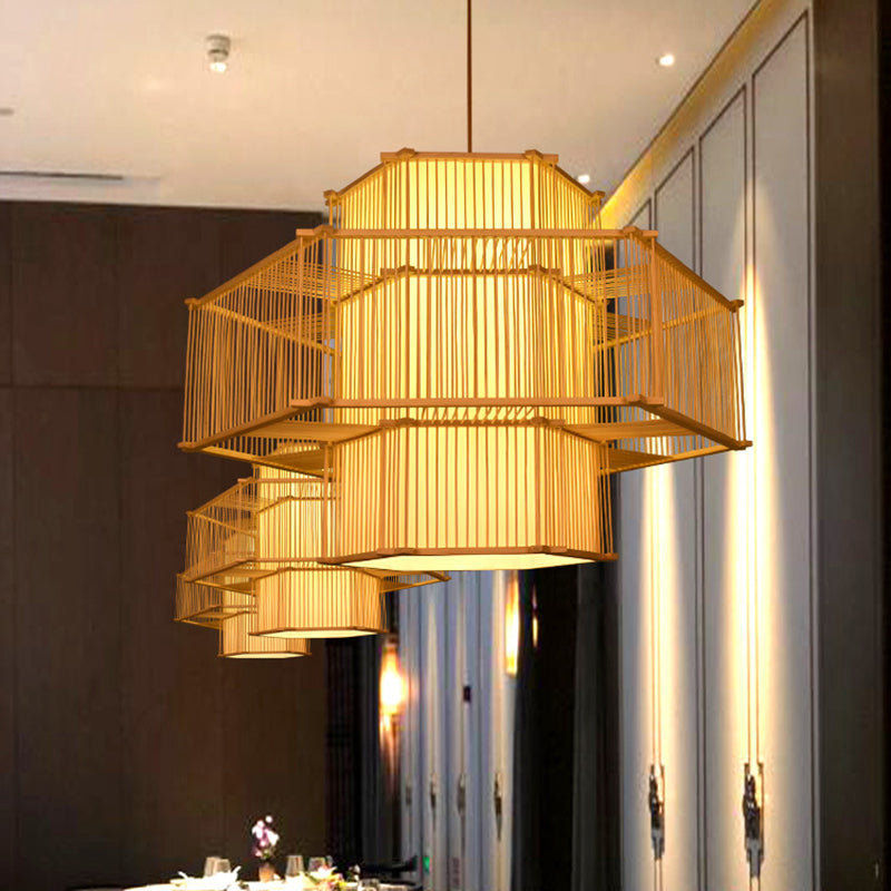 Bamboo Asia Pendant Light 1-Light Beige Hanging Ceiling Light for Tea Room