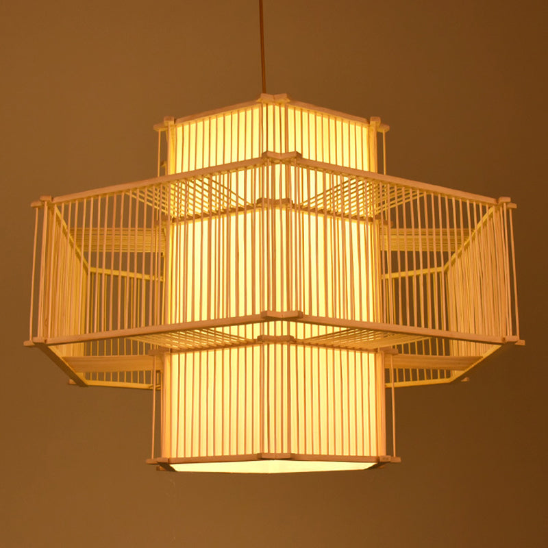 Bamboo Asia Pendant Light 1-Light Beige Hanging Ceiling Light for Tea Room
